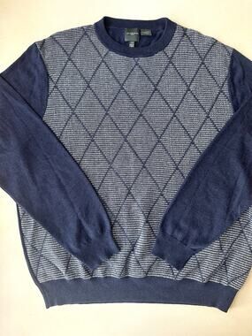 Leo Chevalier Men's L Sweater Navy Blue Diamond Pattern Textured Knit Crewneck